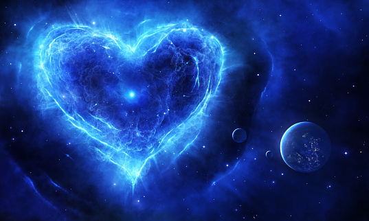 Illustration of a blue supernova in heart shape with planets and stars.