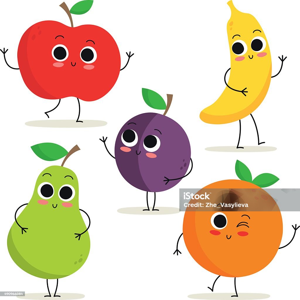 Set Of 5 Cute Cartoon Fruit Characters Isolated On White Stock Illustration  - Download Image Now - iStock