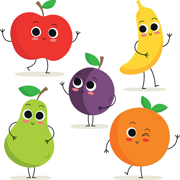Set of 5 cute cartoon fruit characters isolated on white Adorable collection of five cartoon fruit characters isolated on white: apple, pear, plum, banana and orange fruit clipart stock illustrations