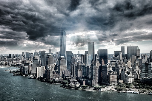 New York City under the storm, monochrome image.