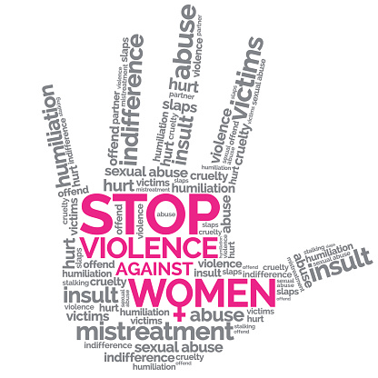 Word cloud in the shape of a woman’s hand for the day on violence against women.