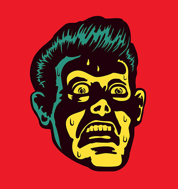 Vintage man with terrified face expression staring at something mind-blowing Vintage frightened man with scared and terrified face expression looking at something disturbing or mind-blowing, distracted with fear retro comics stock illustrations