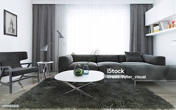 Modern Interior Living Room Stock Photo - Download Image Now - 2015, Bar stool, Chandelier
