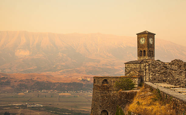Albania, Gjirokastër Citadel, Church Clock Tower Albania, Gjirokastër Citadel, Church Clock Tower albania stock pictures, royalty-free photos & images
