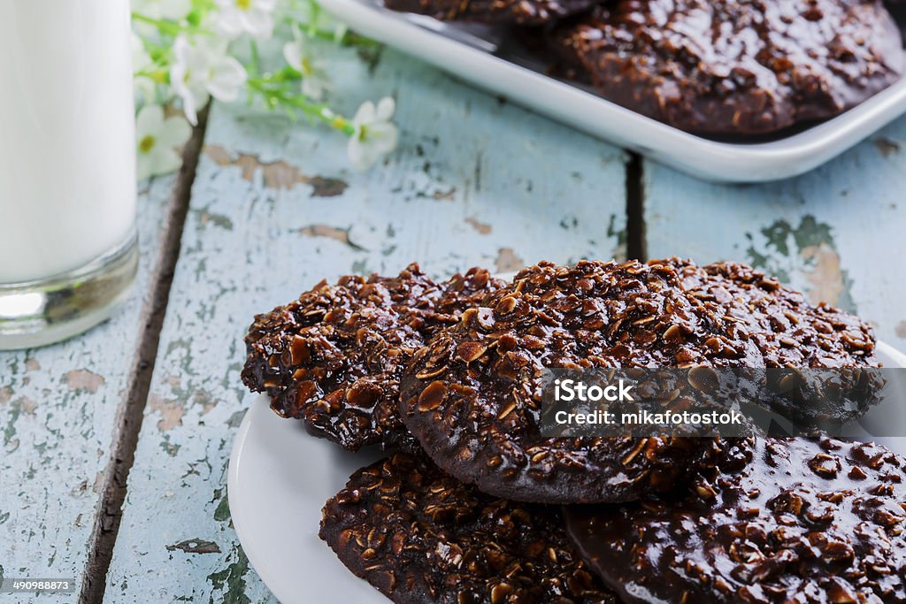 chocolate oatmeal cookies with milk Cookie Stock Photo