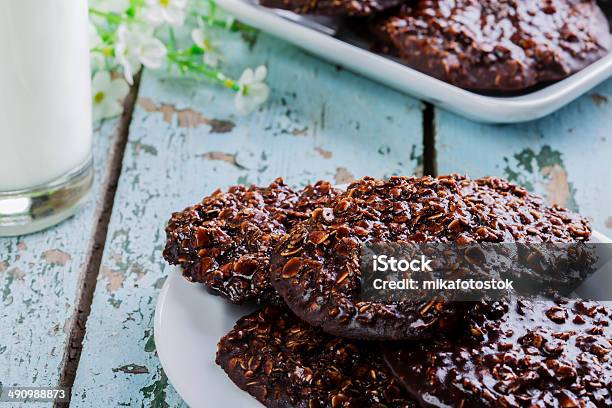 Chocolate Oatmeal Cookies With Milk Stock Photo - Download Image Now - Cookie, Drop, Oatmeal