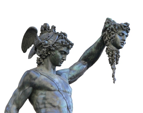 Perseus holding the head of Medusa on white background,
