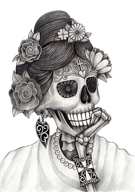 illustrations, cliparts, dessins animés et icônes de crâne art mannequin jour de la mort. - spooky cemetery single flower flower
