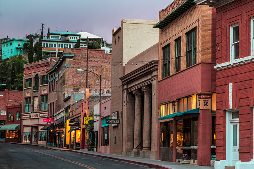 Bisbee, AZ USA - MAY 24, 2015: Downtown Historic Bisbee, Arizona - formerly a copper mining town - photographed at night.