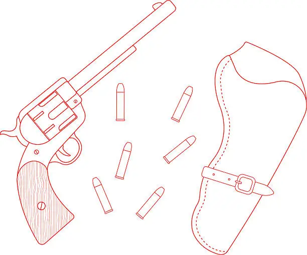 Vector illustration of Revolver, leather holster, bullets. Contour