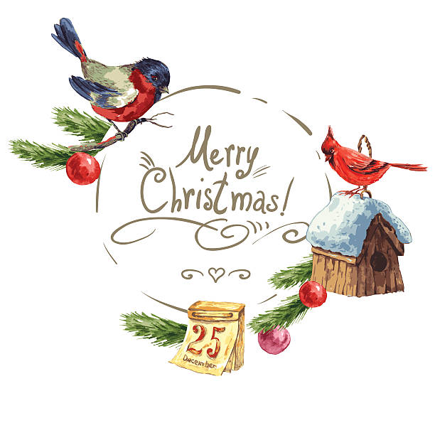 istock Greeting card with bullfinch, Birdhouse Christmas tree 490995802