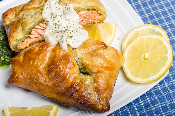 Salmon fillet baked in puff pastry wrap