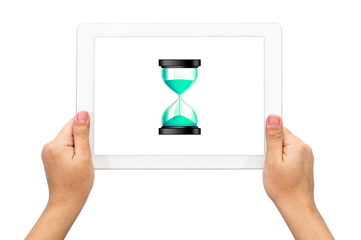Hour Glass icon with holding tablet , isolated on white