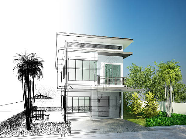 istock Sketch design of house ,3dwire frame render 490998698