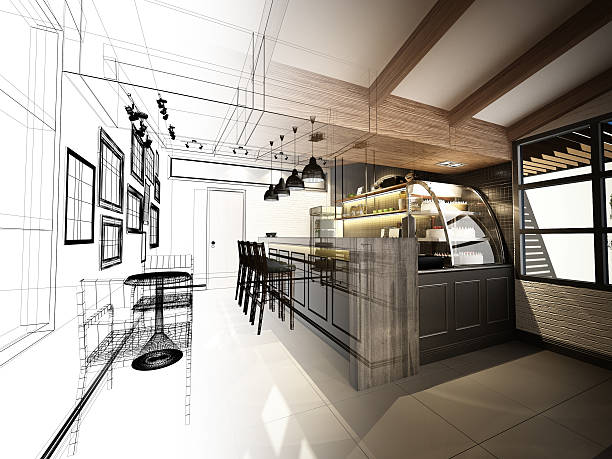 istock sketch design of coffee shop ,3dwire frame render 490998884