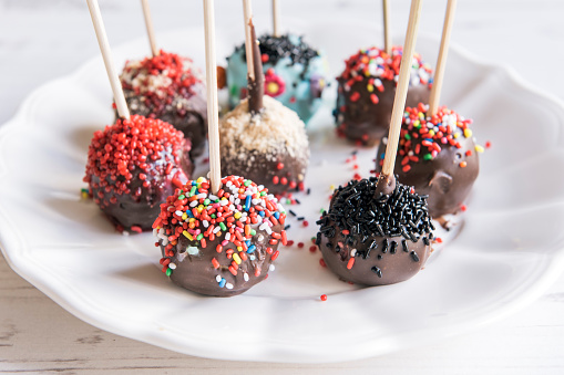 Sweet and homemade chocolate cake pops,selective focus