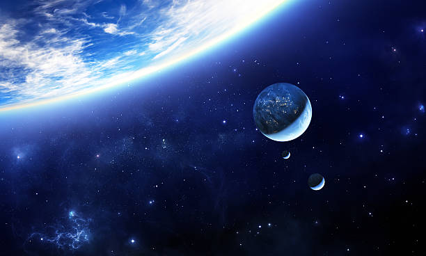 niebieski planeta z moons obcych - art astronomy space stratosphere stock illustrations