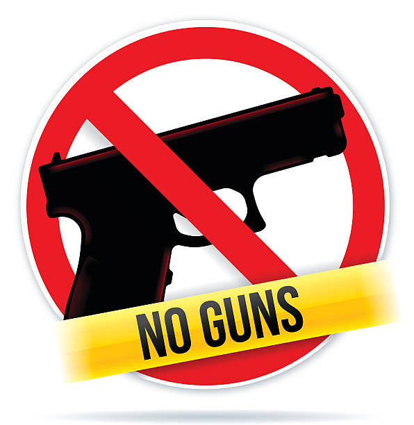 No Guns No guns allowed symbol with police tape and international no symbol concept. gun free zone sign stock illustrations