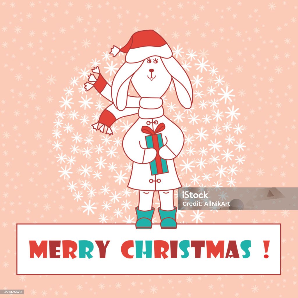 Christmas card. Rabbit with gift. Merry Christmas. New Year. 2015 stock vector