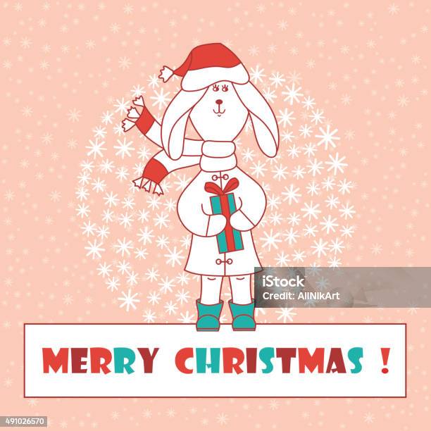 Christmas Card Rabbit With Gift Merry Christmas New Year Stock Illustration - Download Image Now