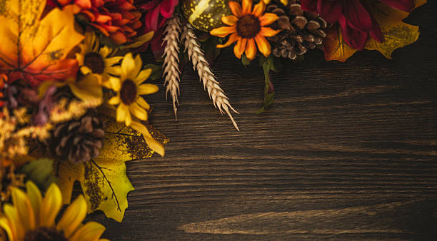 istock Fall themed decorations forming border on wooden background. Thanksgiving celebrations. 491047038