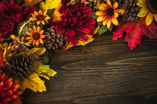 Fall themed decorations forming border on wooden background. Thanksgiving celebrations.