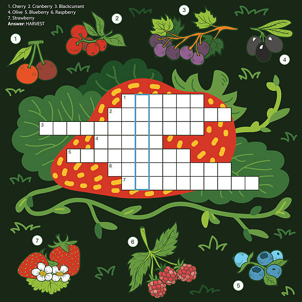 ilustrações de stock, clip art, desenhos animados e ícones de vector cor palavras cruzadas, educação jogo para crianças sobre berrie - tree single word green fruit