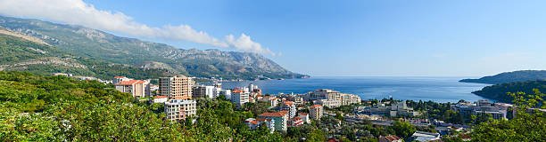 Panoramic view from above on Becici on Adriatic coast, Montenegro Panoramic view from above on resort town of Becici on the Adriatic coast, Montenegro top of water slide photos stock pictures, royalty-free photos & images