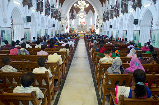 Chennai, Tamil Nadu, India - 05 Apr 2015 : Devotees gather inside Santhome church for Easter Mass