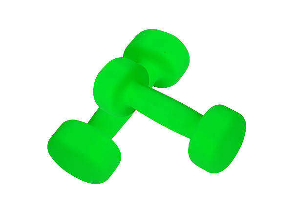 緑 2 つのダンベル白で分離 - body building gym human muscle effort ストックフォトと画像