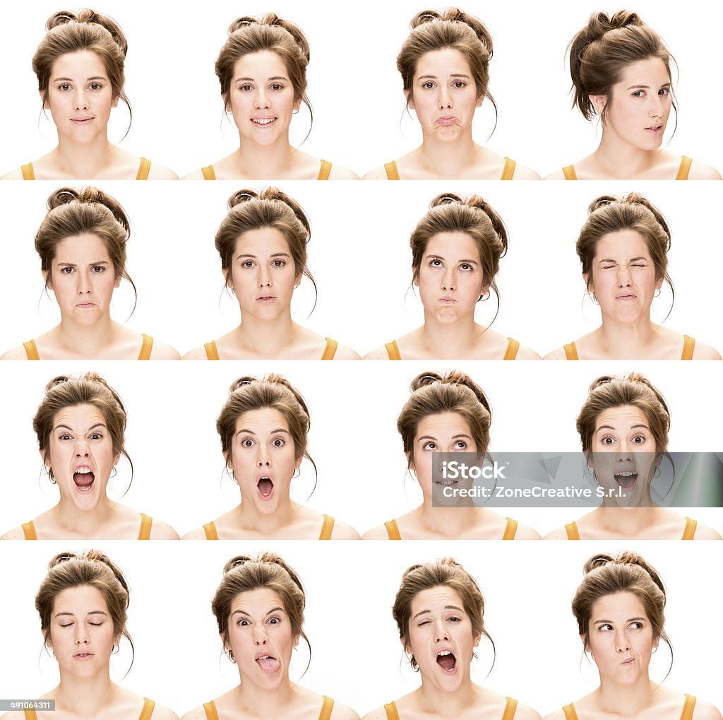 Ausdrucksstarke brown langes Haar Frau emotion set Sammlung auf Weiß - Lizenzfrei Gesichtsausdruck Stock-Foto