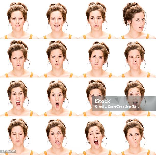 Ausdrucksstarke Brown Langes Haar Frau Emotion Set Sammlung Auf Weiß Stockfoto und mehr Bilder von Gesichtsausdruck