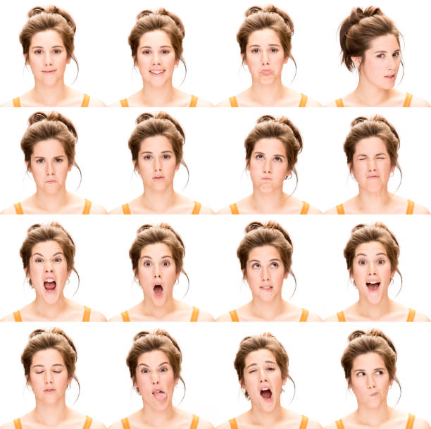 ブラウンの女性の長い髪を表現エモーションセ��ットのコレクションホワイト - facial expression women sadness multiple image ストックフォトと画像