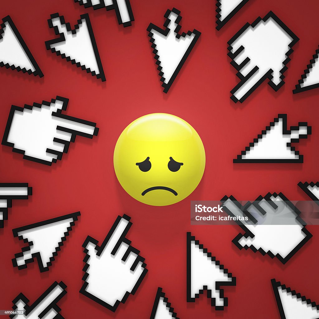 internet bullying hand and arrow cursors pointing at sad face Cyberbullying Stock Photo