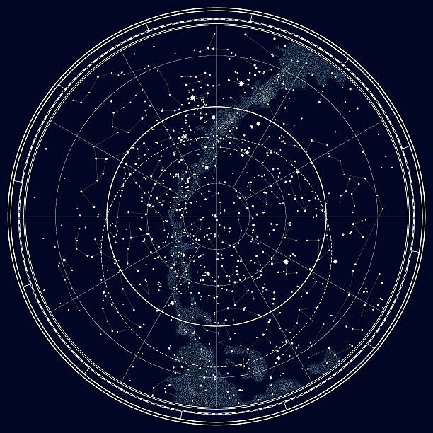 illustrazioni stock, clip art, cartoni animati e icone di tendenza di astronomico celestial mappa dell'emisfero settentrionale (inchiostro nero versione) - costellazioni