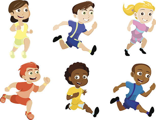 illustrazioni stock, clip art, cartoni animati e icone di tendenza di in esecuzione i bambini - child running sport sports race