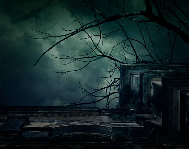 istock Spooky ancient building with full moon and bird, Halloween background 491071096