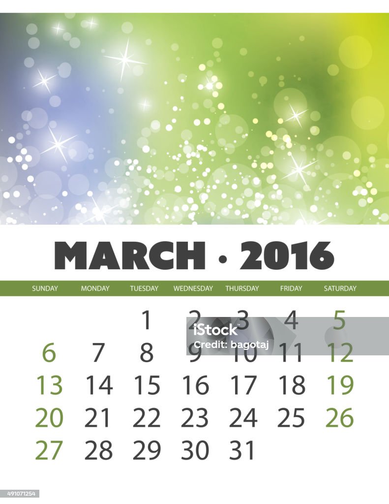 Calendar Background Template for March of Year 2016 Abstract Blurred Monthly Calendar Card Design with Seasonal Style and Colors -  Year 2016 - Illustration in Editable Vector Format 2015 stock vector