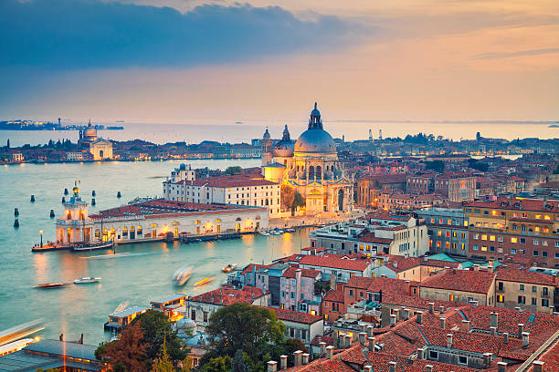 Venice. Aerial view of the Venice with Basilica di Santa Maria della Salute taken from St. Mark's Campanile. campanile venice stock pictures, royalty-free photos & images