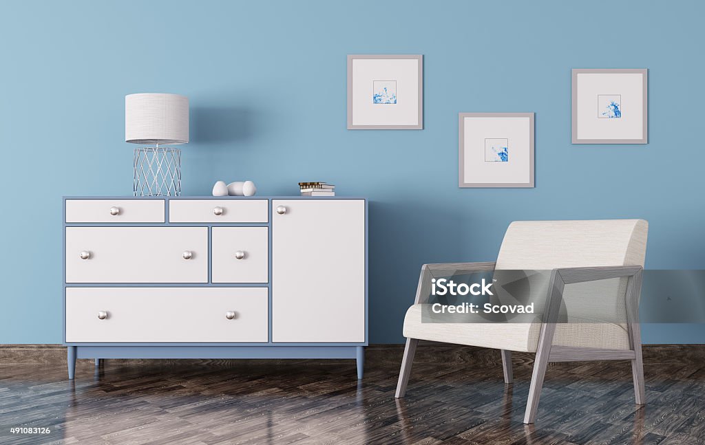 Zimmer mit Kommode mit Schubladen und einem Sessel - 3d render - Lizenzfrei Kommode Stock-Foto