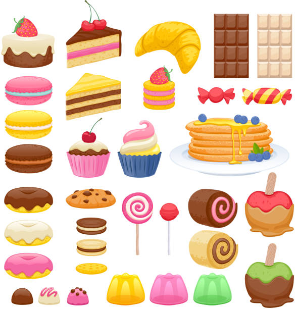 ilustrações de stock, clip art, desenhos animados e ícones de conjunto de ícones de comida doce - cupcake chocolate cake dessert