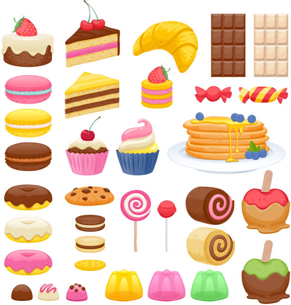 Set of sweet food icons Set of sweet food icons. Candy sweets lollipop cake donut macaroon cookie jelly. jello illustrations stock illustrations