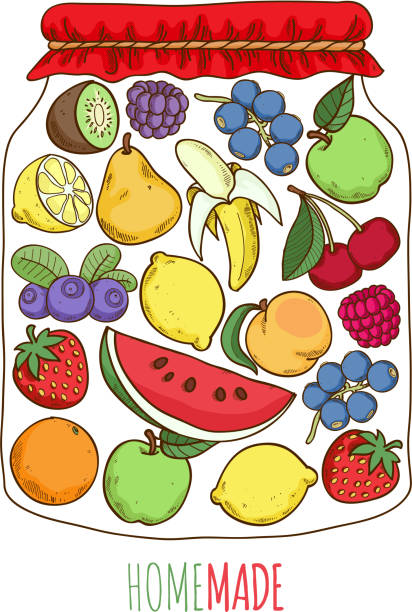 домашней фрукты ягоды джем сохраняет концептуальная иллюстрация - preserves gelatin dessert apple jar stock illustrations