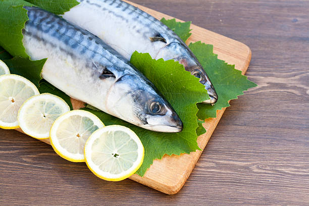 istock Fresh mackerel in grape leaves with lemon slices 491087376