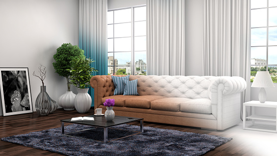 interior with sofa and CAD wireframe mesh. 3d illustration