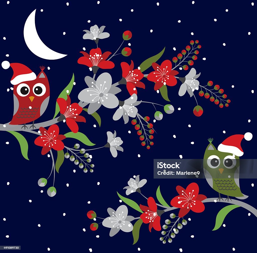 Christmas Owls Christmas night owls on floral branches 2015 stock vector