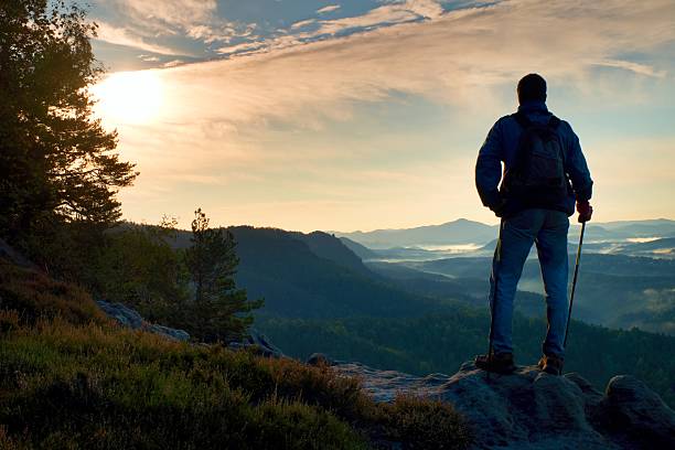istock Silhouette of tourist with backpack. Sunny spring daybreak in mountains. 491099910
