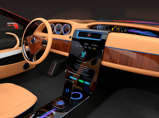 Stylish electric car interior with luxury wood pattern decoration. User using touch screen to do some setup work. Original design. 3DCG rendering image.