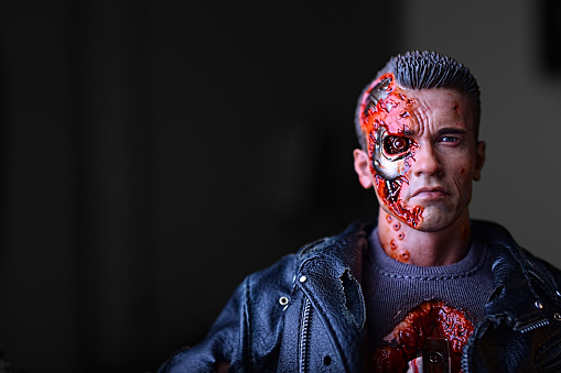 Belgrade, Serbia - October 1, 2015: Close up on Terminator manufactured by Hot Toys action figure, shot in home studio. Background is a defocused.