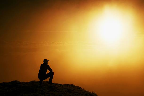 istock Tall hiker in on peak of world . Heavy mist 491101670